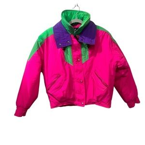 Cima Vintage Sz women’s Medium Neon Pink Green Ski coat jacket winter bold color